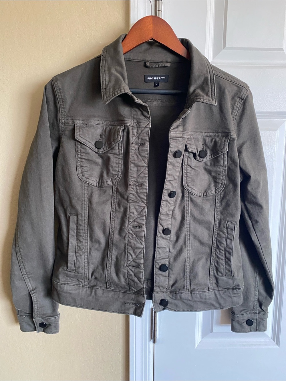 Prosperity Dark Olive Green Stretch Denim Jean Jacket Size L